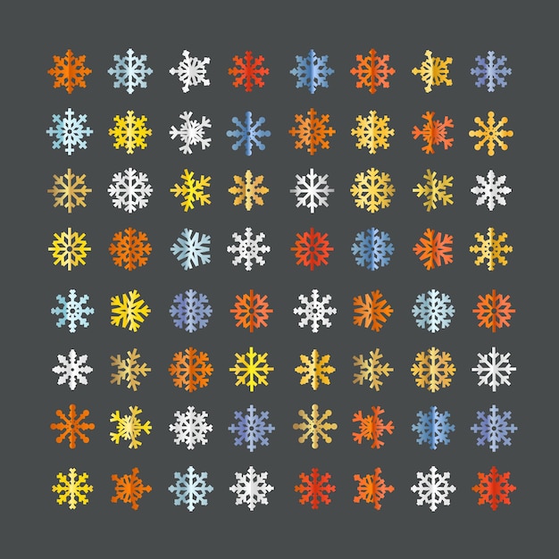 Verschillende vector kleur sneeuwvlokken collectie geïsoleerd op transparant. vector ijskristal ingesteld op donkere achtergrond