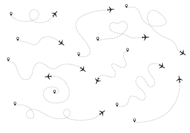 Verschillende vliegtuigsilhouetten met weg en kaartspeld vliegrichting van het vliegtuig