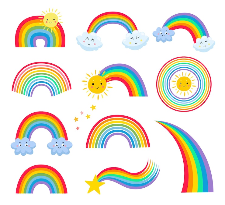 Vector verschillende vormen van regenboog illustraties set. leuke wolk en zon stripfiguren, sterren, kinderachtige stickers, patches of badges geïsoleerd op wit