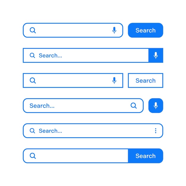 Verschillende zoekbalken met omtrekgrens Internetbrowser engine met zoekvak adresbalk en tekstveld UI-ontwerp website interface element webpictogrammen en drukknop Vector illustratie