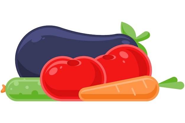 Verse biologische seizoensgroenten boerderij oogst pictogram platte vectorillustratie. Landbouwgewaskomkommer, wortel, aubergine, geïsoleerde tomaten. Eco-vriendelijke vitamine-ingrediënten voor het koken van salade