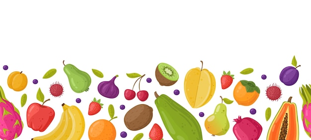 Verse biologische vruchten banaan papaya en appel horizontale banner vector achtergrond illustratie