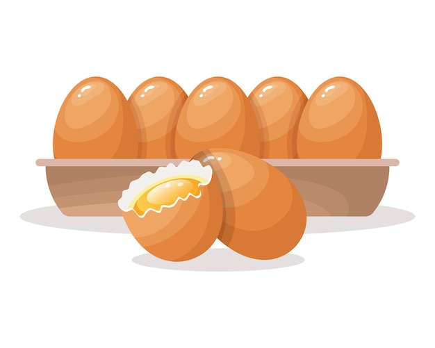 Verse eieren in een kartonnen bakje en een gebroken ei kippeneieren in een doos Voedselillustratie
