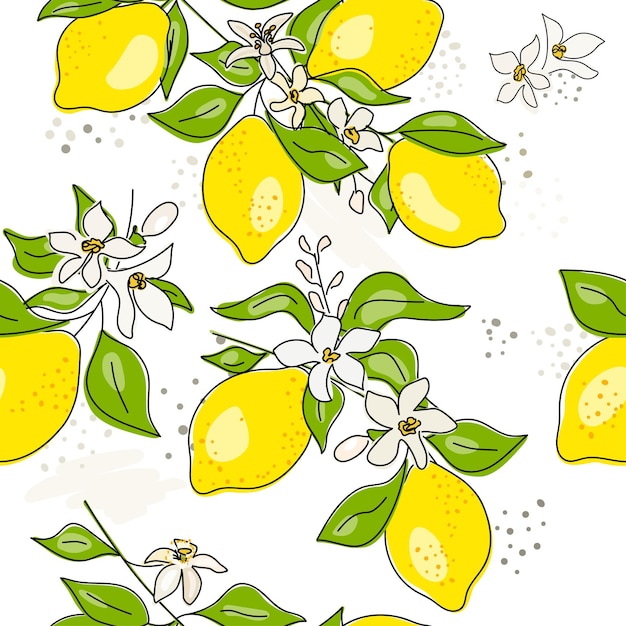Verse gele vruchten van citroenlimoen met groene bladeren en bloemen Naadloze citrustextuur