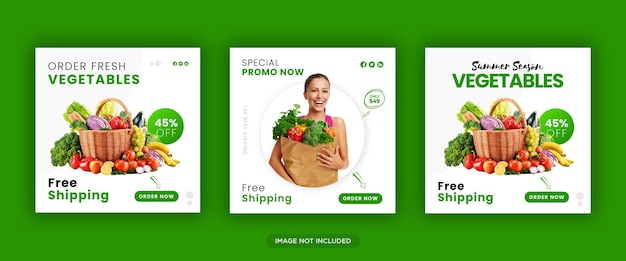 Verse gezonde voeding en groente social media banner of vierkante flyer-sjabloon premium vector