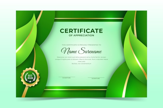 Verse groene bladeren Ecologische certificaatsjabloon