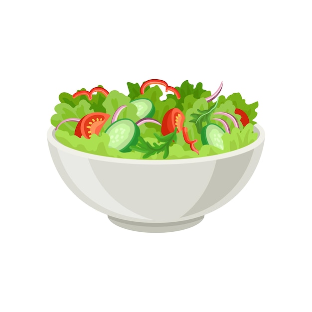 Verse groentesalade in grijze keramische kom Vers en gezond voedsel Vegetarische voeding Platte vector voor café- of restaurantmenu