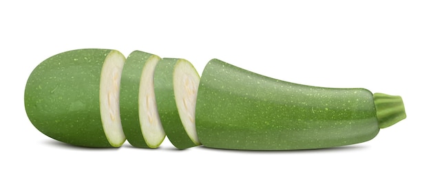 Verse Italiaanse courgette of merg en gehakte plak geïsoleerd op witte achtergrond Realistische 3D vector illustratie Clipping pad en volledige diepte van het veld