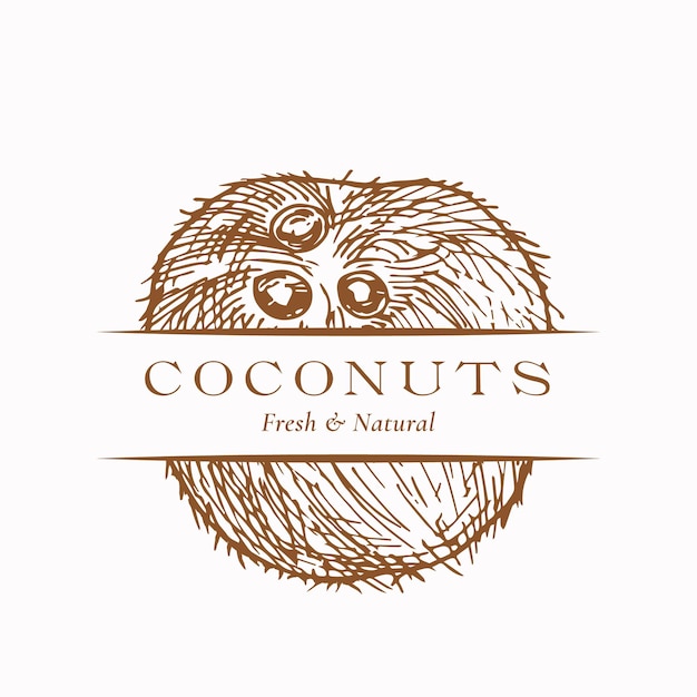 Verse kokosnoot biologisch fruit Abstract Vector teken, symbool of Logo sjabloon. Hand getrokken moer schets Sillhouette met moderne typografie. Geïsoleerd.