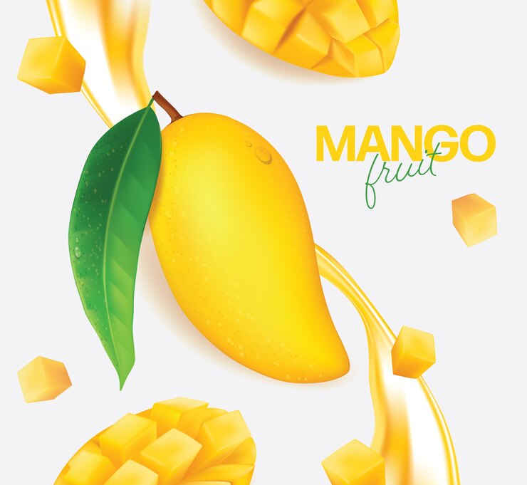 Verse mango met plakjes en bladerenillustratie