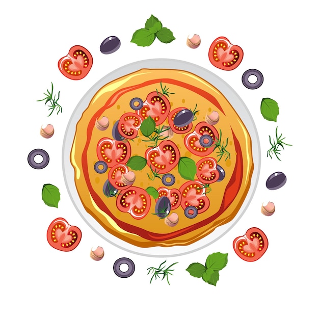 Verse Marinara-pizza met verschillende ingrediënten. Bovenaanzicht Hele pizza met tomaten, olijven, basilicum en kaas. Italiaanse pizza. vector illustratie