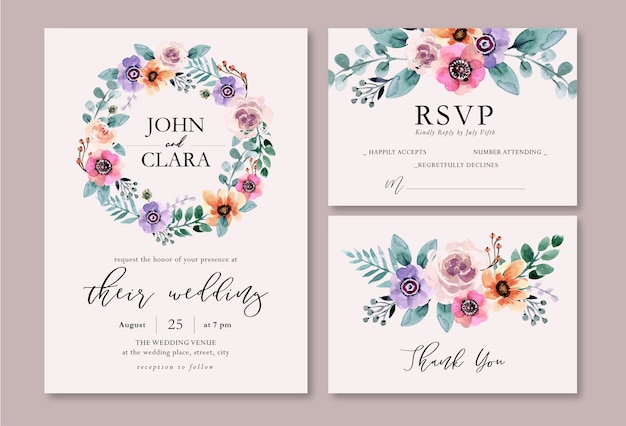 Verse paarse lente en perzik bloemen aquarel bruiloft uitnodiging