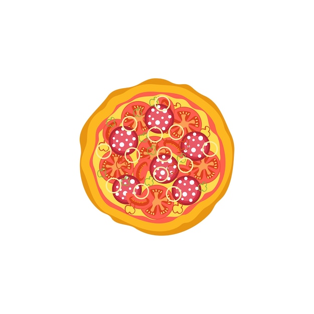 Verse pizza met tomaat, kaas, olijfworst, ui, basilicum. Traditioneel Italiaans fastfood. Bovenaanzicht maaltijd. Europese snack. Geïsoleerde witte achtergrond. Vectorillustratie