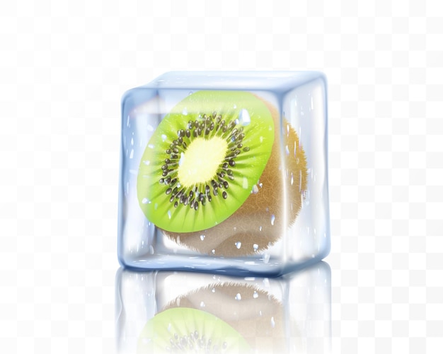 Verse rijpe kiwi half in ijsblokje geïsoleerd op transparante achtergrond Bevroren groene kiwi realistische 3D-vectorillustratie