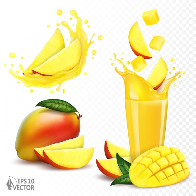 Vector verse rijpe mango set vruchtensap plons in een glas natuurlijk fruit 3d-realistische vectorillustratie