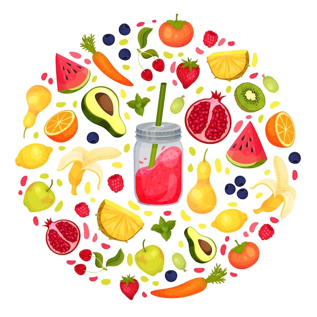 Verse smoothie in pot en drijvende vruchten gerangschikt in een cirkel eromheen Vector illustratie Helder verfrissingsconcept