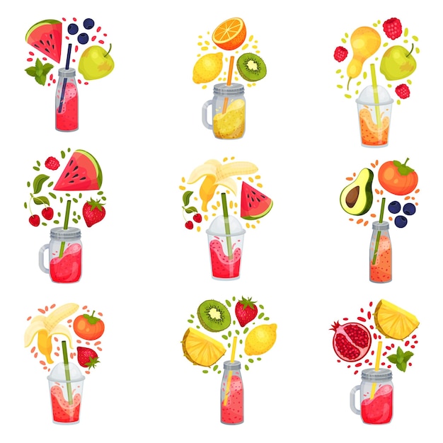 Vector verse smoothies in potten met stro uitgestoken en rond zwevend ingrediënten vector set bright refreshments recipes concept