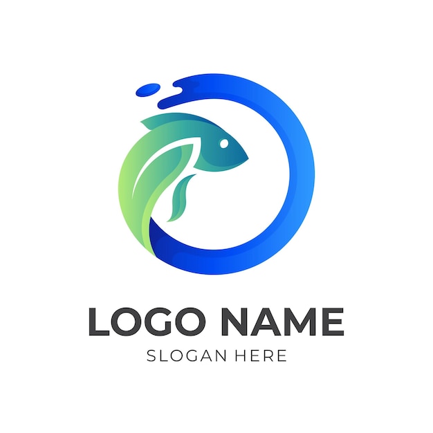 Verse vis logo sjabloon visblad en water combinatie logo met 3D blauwe en groene kleurstijl