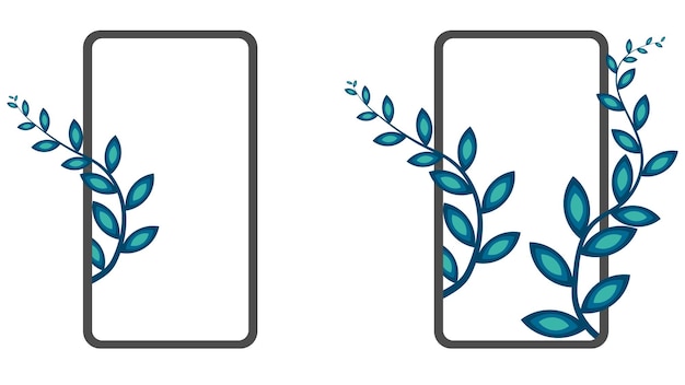 Versier twee telefoonschermen met blauwe planten die eruit groeien