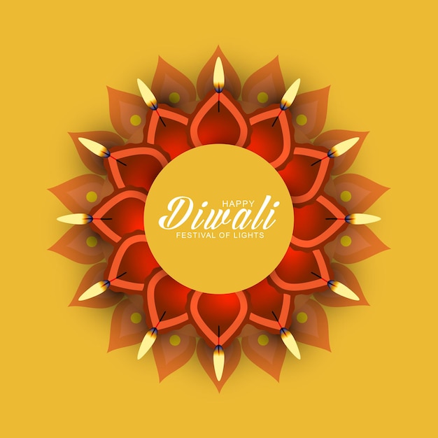 Versiering van verlichte olie lampen Diya en tekst voor Happy Diwali viering