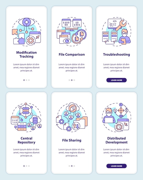 Version control system benefits onboarding mobile app screens set