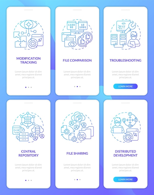 Set di schermate delle app mobili per l'onboarding del gradiente blu del sistema di controllo della versione