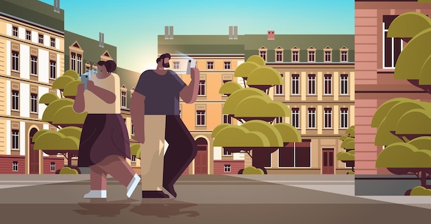 verslaafd paar met behulp van digitale gadgets afro-amerikaanse man vrouw actief in sociale netwerken digitale verslaving concept stadsgezicht achtergrond volledige lengte horizontale vectorillustratie