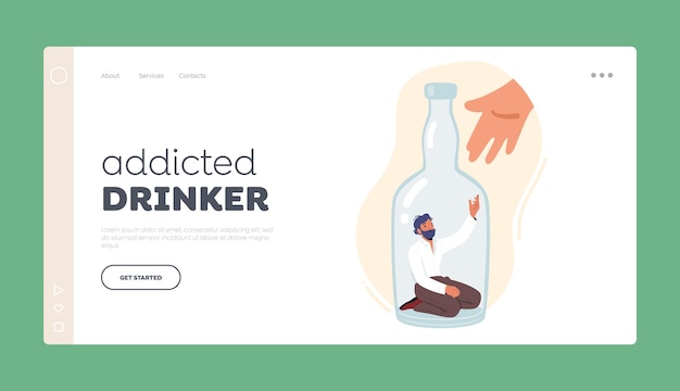 Verslaafde drinker Landing Page Template Alcoholisme Alcoholverslaving Concept met alcoholisch mannelijk karakter