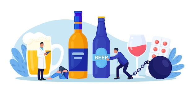 Verslaving behandeling herstel en revalidatie Levensbedreigende aandoening Mensen in depressie verslaafd aan drugs alcohol Drink man geketend aan alcohol fles Sterke kater Alcoholisme therapie