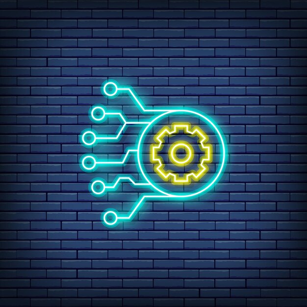 Versnelling met printplaat kunstmatige intelligentie neon teken Vectorillustratie in neon stijl