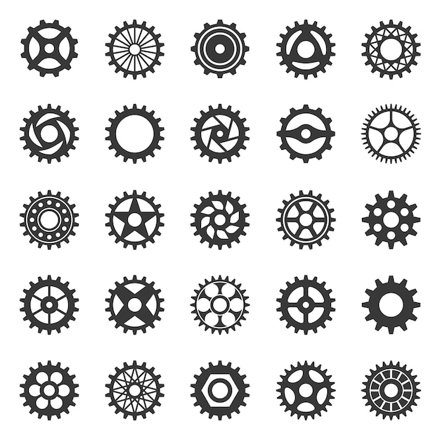 Versnellingen. transmissie tandrad beweging zwarte silhouet collectie, verbindingsmechanisme tandwielsysteem set, auto mechanische motor structuur component app cirkel knop grafische vector geïsoleerde pictogrammen