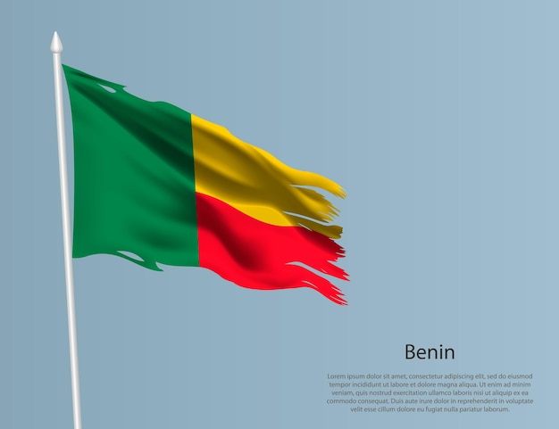 Versnipperde nationale vlag van Benin Golvende gescheurde stof op blauwe achtergrond Realistische vectorillustratie