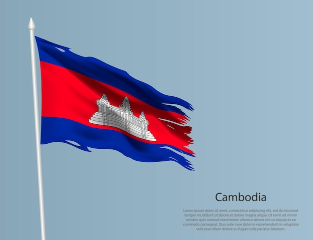 Versnipperde nationale vlag van Cambodja Golvende gescheurde stof op blauwe achtergrond Realistische vectorillustratie