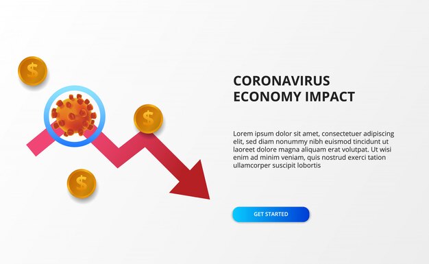 Verspreid de impact van de coronaviruseconomie. economie naar beneden en naar beneden. druk op de aandelenmarkt en de wereldeconomie. rood bearish pijlconcept