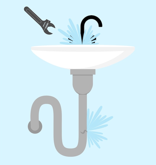 Vector verstopping van leiding spoelbak in bad en keuken kapot rioolsysteem blauwe wasbak sanitair en sanitair