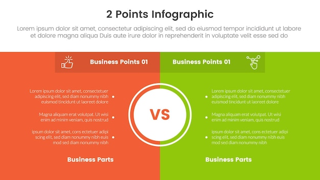 Vettore concetto di confronto e confronto per il modello di infografia banner con sfondo di casella a pagina intera e grande cerchio al centro con vetore di informazioni di lista a due punti