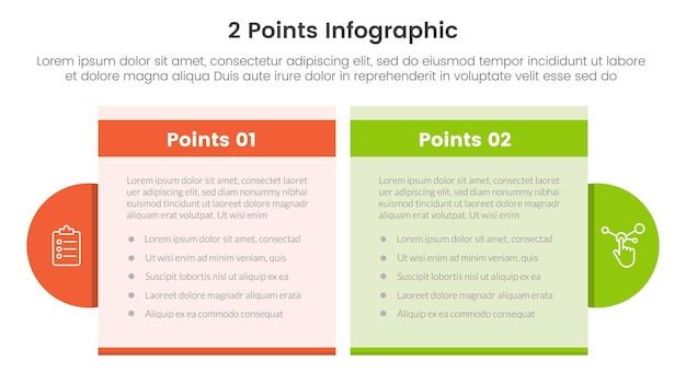 Vettore rispetto o concetto di confronto e confronto per banner modello infografico con scatola da tavolo e accessori circolari con vettore di informazioni sull'elenco a due punti