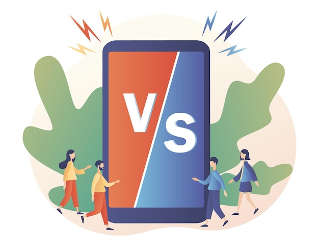 Vector versus letters vs battle sign in smartphone screen competition between two persons or products