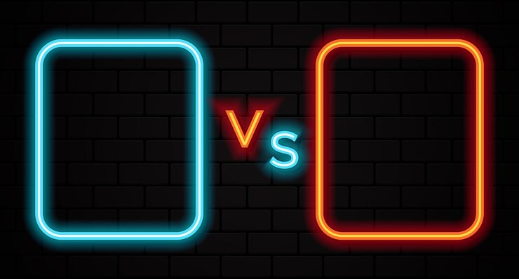 Vector versus neon sign. neon symbol. light banner, bright night advertising. colorful neon illustration with copy space. vector illustration