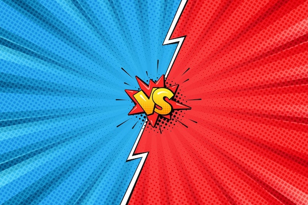 Versus pop art background template for cartoon comic book page or poster. Radial rays backdrop with halftone effect and lightning in comics style design. Red vs blue competition.