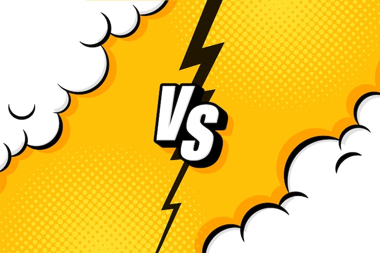 Vector 대 vs 문자는 하프톤, 번개가 있는 플랫 만화 스타일 디자인의 배경과 싸웁니다. 벡터 일러스트 레이 션