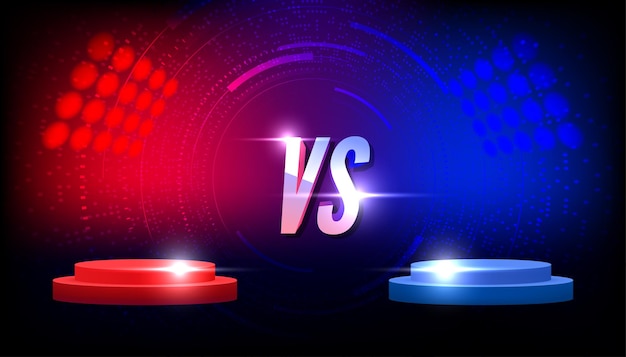 Vector versus vs sign with blue and red empty podiums or pedestals glow sparks and smoke on black background sport confrontation martial arts combat fight competition or challenge vector