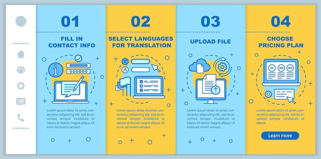 Vertaalservice onboarding mobiele webpagina's vector sjabloon