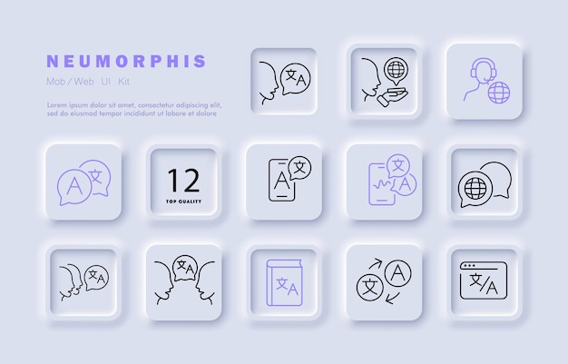 Vertaler ingesteld pictogram vertaaldienst communicatie planeet wereldwijd online internet operator telefoon spraakinvoer hiëroglief woordenboek technologie concept neomorfisme vector lijnpictogram