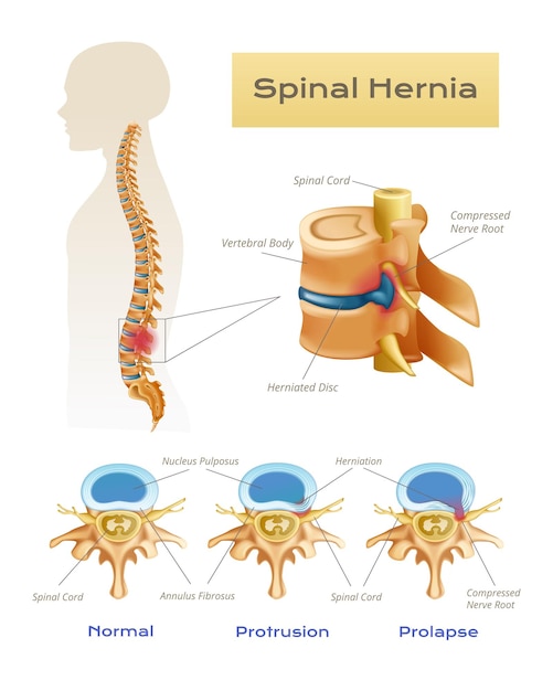 Vertebrae spinal cord anatomy infographics with scientific view of spinal hernia with text captions and pointers vector illustration