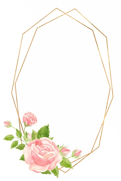 Verticaal frame met roze rozen en gouden geometrische frame Floral