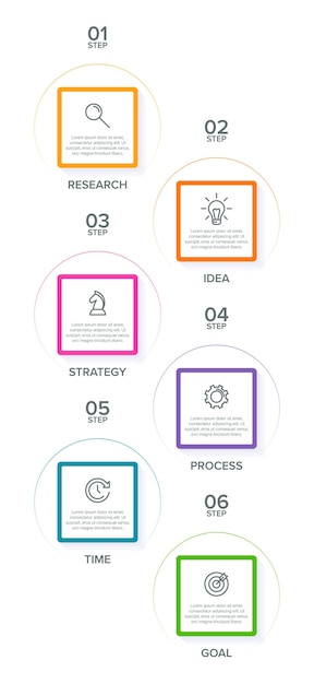 Verticaal infographic ontwerp met pictogrammen en 6 opties of stappen. Infographic bedrijfsconcept.