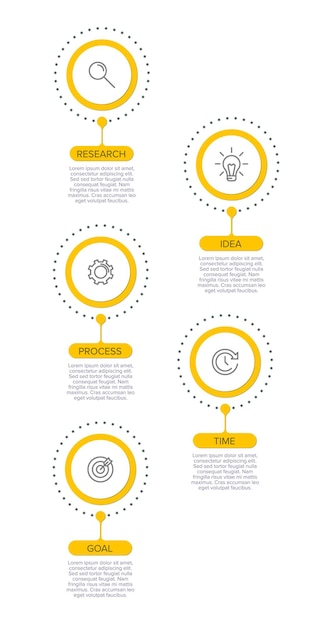 Verticaal tijdlijn infographic ontwerp met pictogrammen en 5 opties of stappen