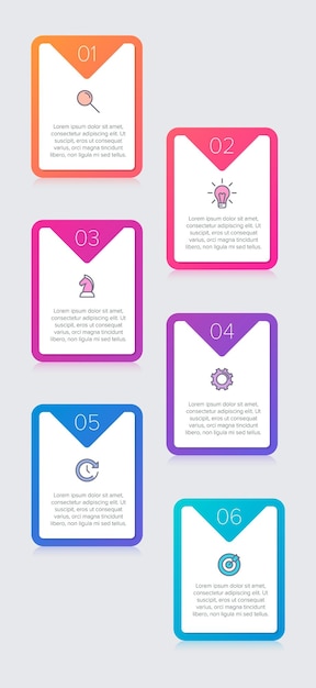 Verticaal zakelijk infographic ontwerp met pictogrammen en 6 opties of stappen. Tijdlijn of proces.