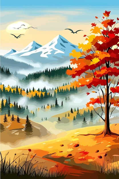 Vertical autumn landscape forest blue cloud sky against the background of hills and mountains yellow